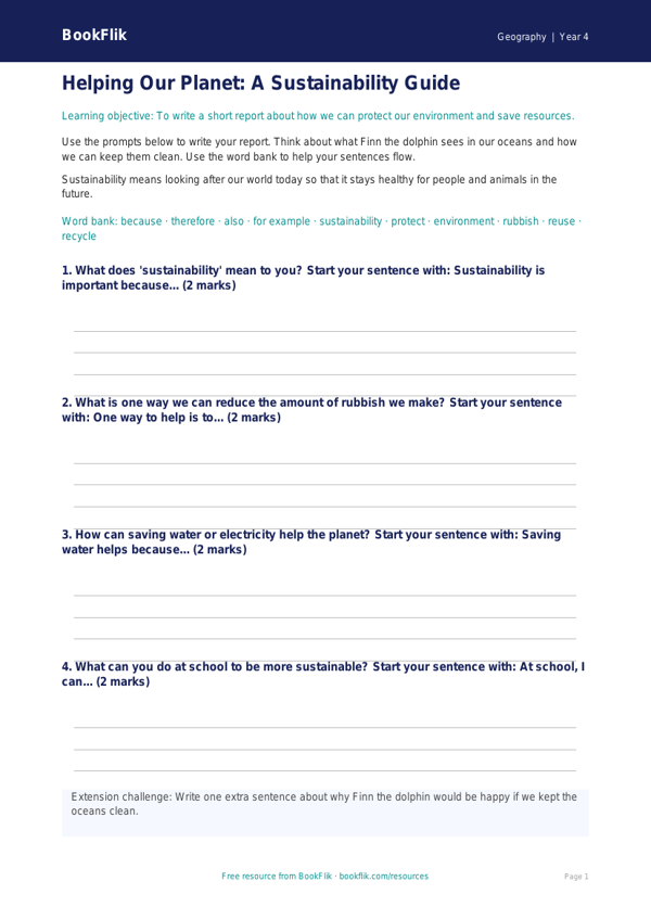 Free Sustainability Writing Frame | Year 4 Supported | BookFlik worksheet preview — Geography Sustainability