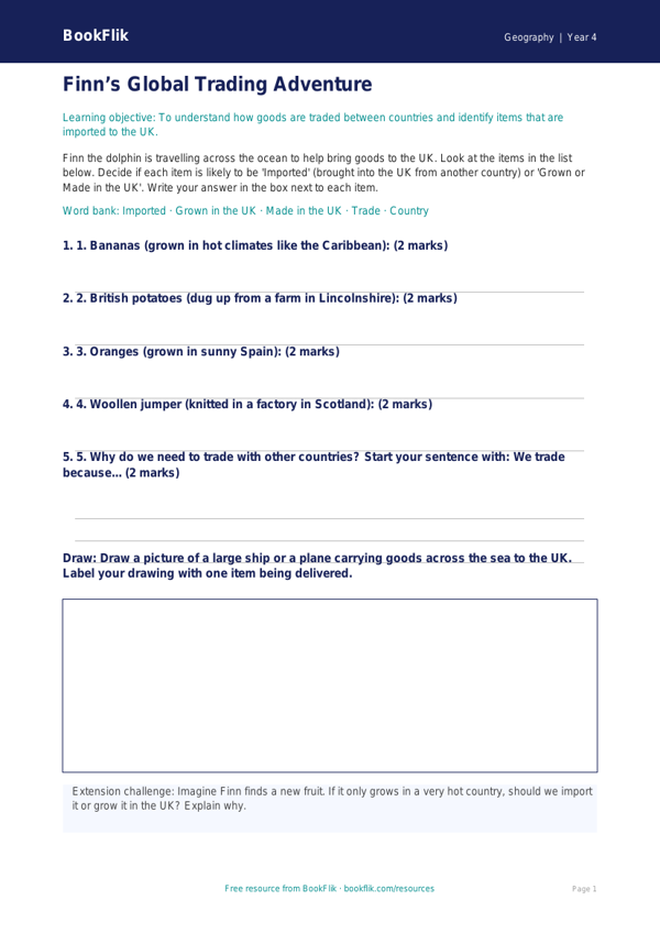 Free Trade Activity Sheet | Year 4 Supported | BookFlik worksheet preview — Geography Trade