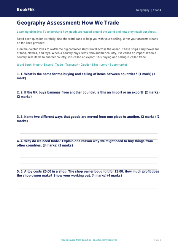 Free Trade Assessment | Year 4 Supported | BookFlik worksheet preview — Geography Trade