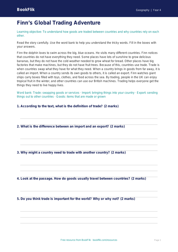 Free Trade Comprehension | Year 4 Supported | BookFlik worksheet preview — Geography Trade