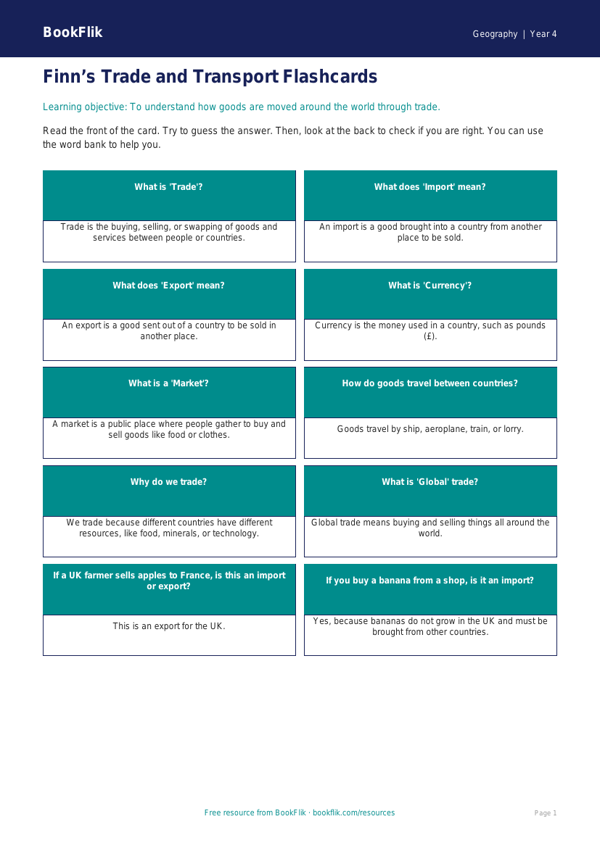 Free Trade Flashcards | Year 4 Supported | BookFlik worksheet preview — Geography Trade