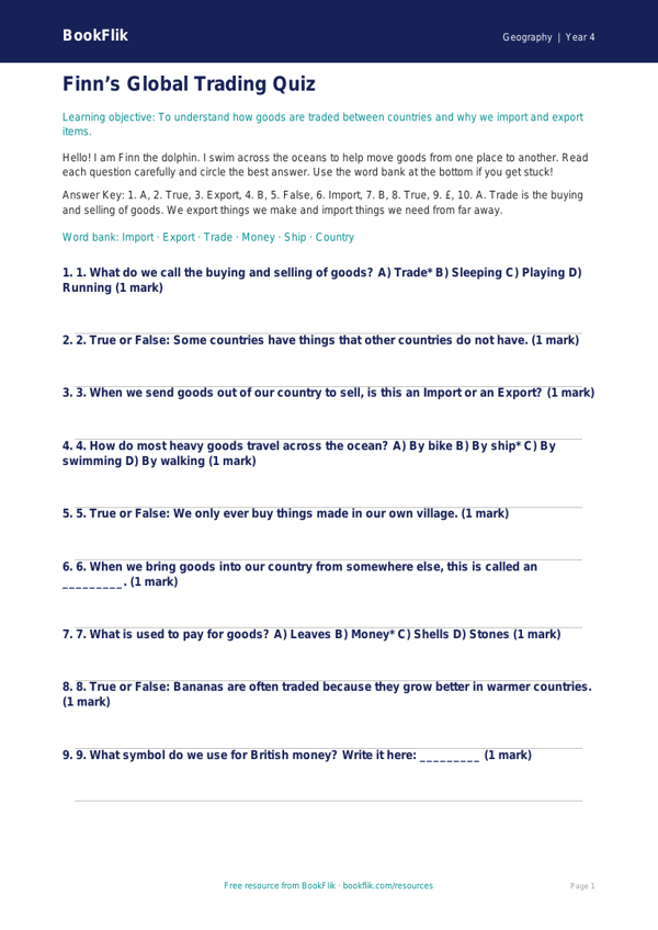 Free Trade Quiz | Year 4 Supported | BookFlik worksheet preview — Geography Trade