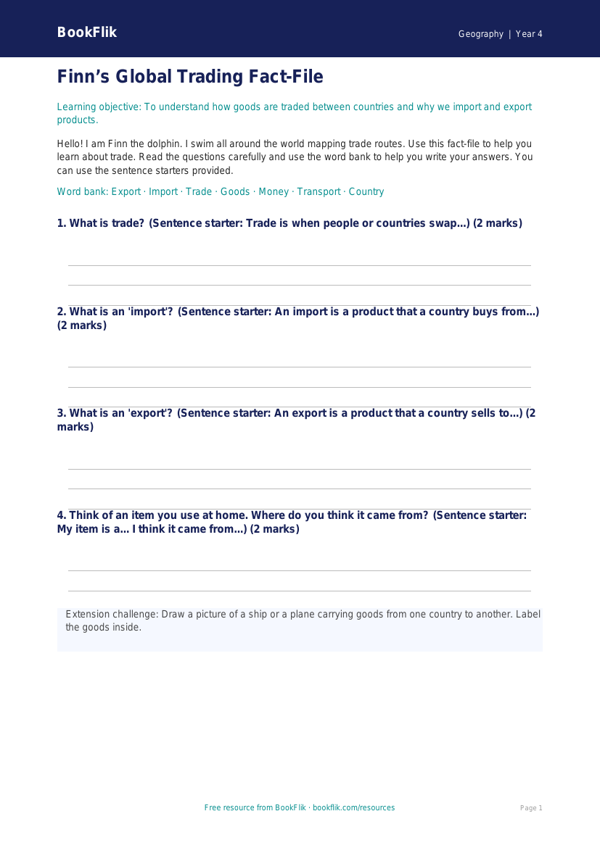 Free Trade Template | Year 4 Supported | BookFlik worksheet preview — Geography Trade
