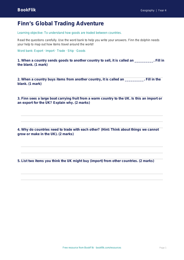 Free Trade Worksheet | Year 4 Supported | BookFlik worksheet preview — Geography Trade