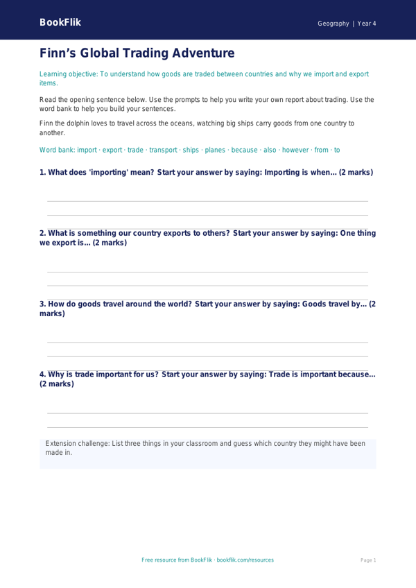 Free Trade Writing Frame | Year 4 Supported | BookFlik worksheet preview — Geography Trade