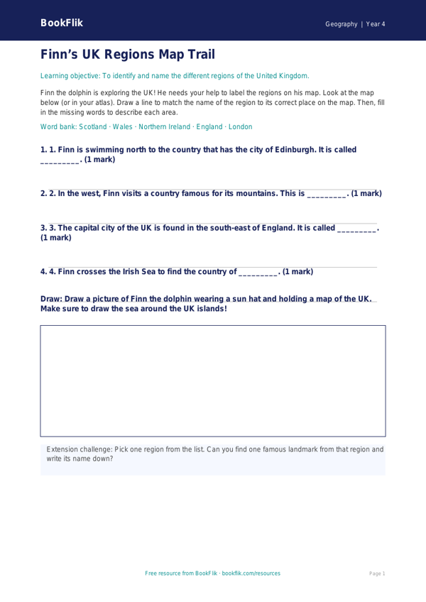 Free Uk Regions Activity Sheet | Year 4 Supported | BookFlik worksheet preview — Geography Uk Regions