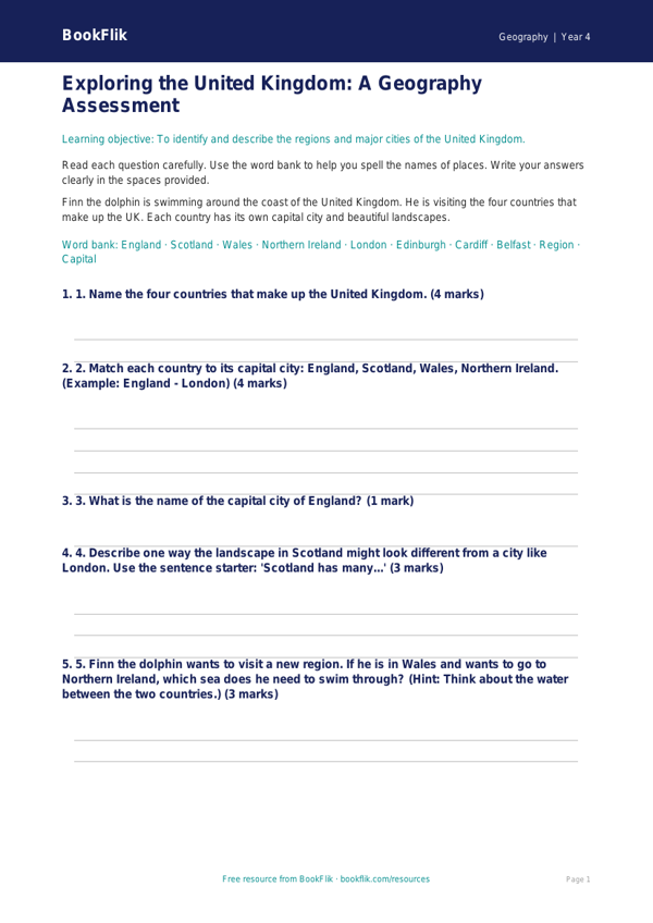 Free UK Regions Assessment | Year 4 Supported | BookFlik worksheet preview — Geography Uk Regions