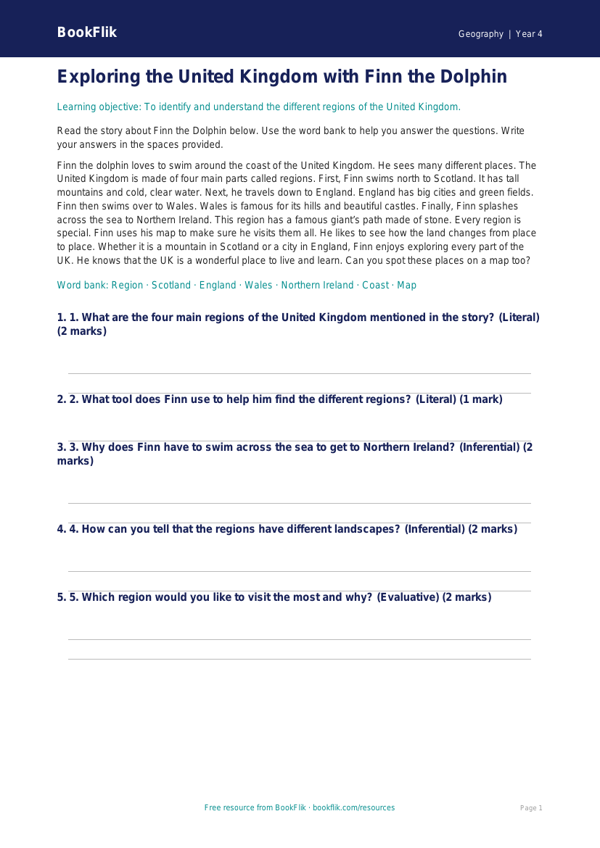 Free Uk Regions Comprehension | Year 4 Supported | BookFlik worksheet preview — Geography Uk Regions
