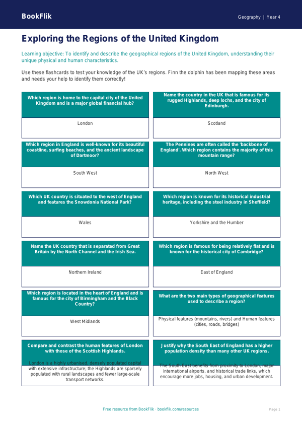 Free UK Regions Flashcards | Year 4 Greater Depth | BookFlik worksheet preview — Geography Uk Regions