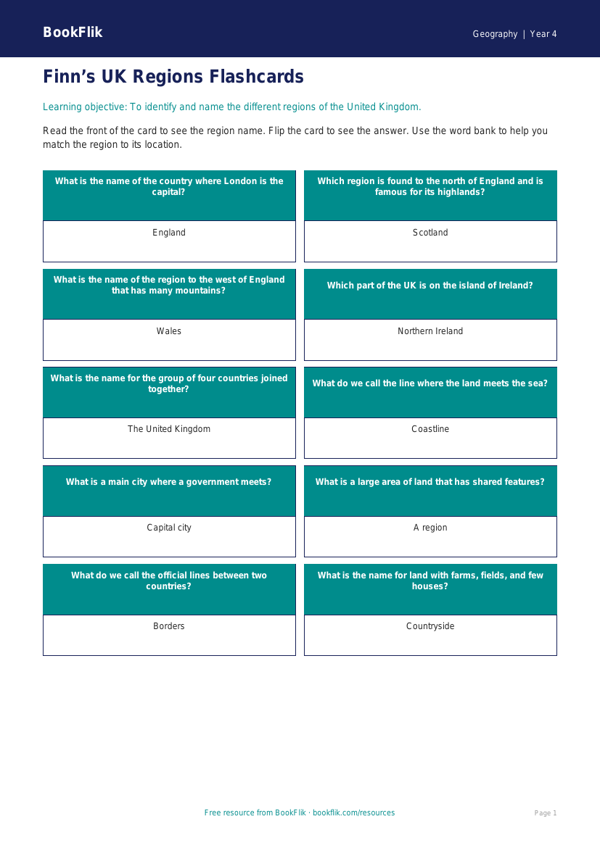 Free UK Regions Flashcards | Year 4 Geography | BookFlik worksheet preview — Geography Uk Regions
