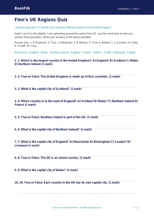 Free UK Regions Quiz | Year 4 Geography Worksheet | BookFlik worksheet preview — Geography Uk Regions