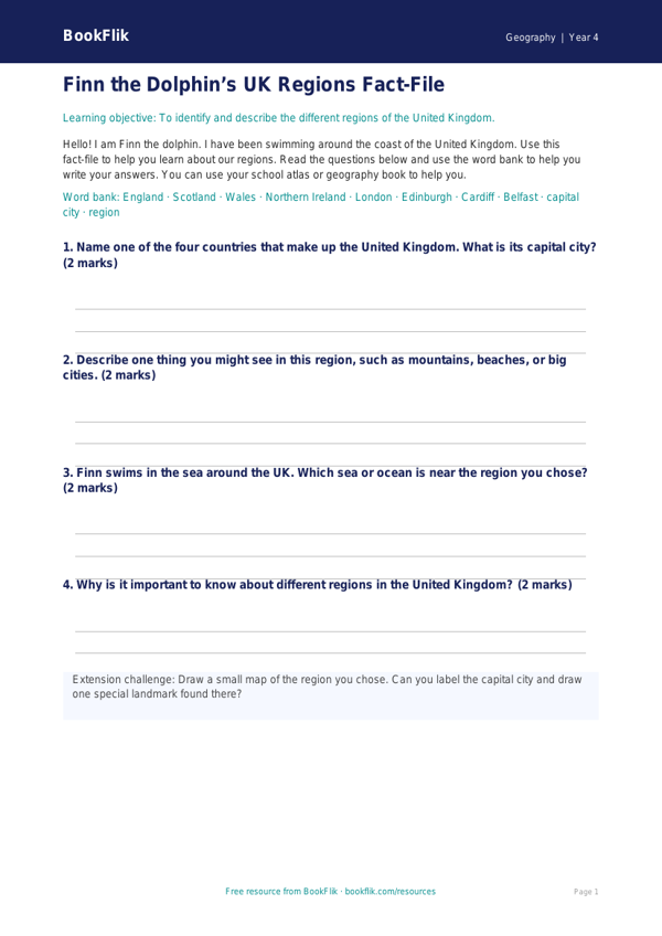 Free Uk Regions Template | Year 4 Supported | BookFlik worksheet preview — Geography Uk Regions