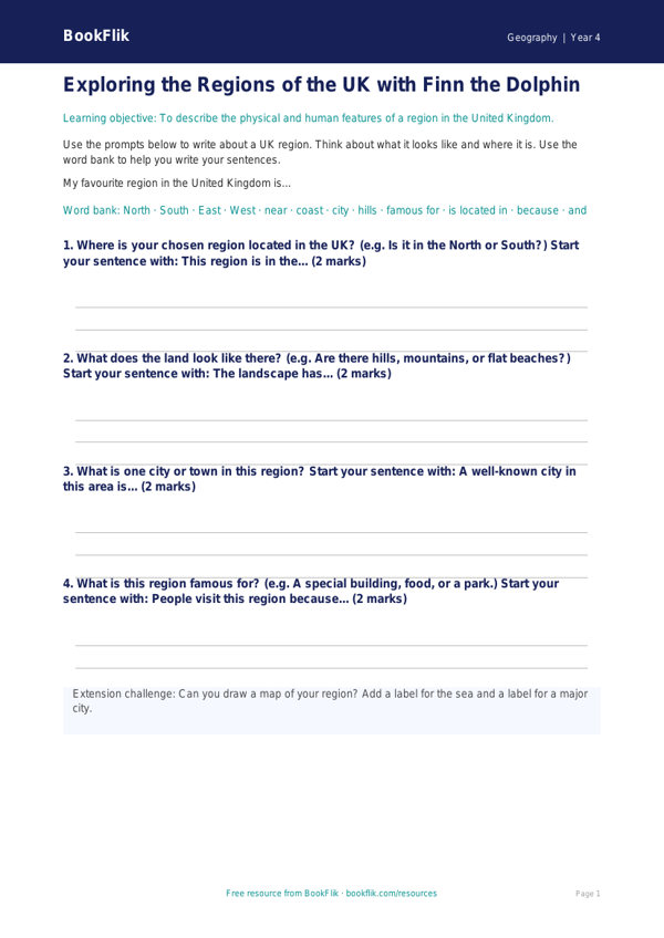 Free Uk Regions Writing Frame | Year 4 Supported | BookFlik worksheet preview — Geography Uk Regions