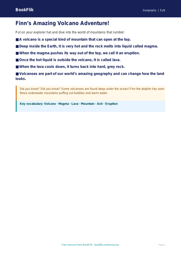 Free Volcanoes Poster | Eyfs Core | BookFlik worksheet preview — Geography Volcanoes