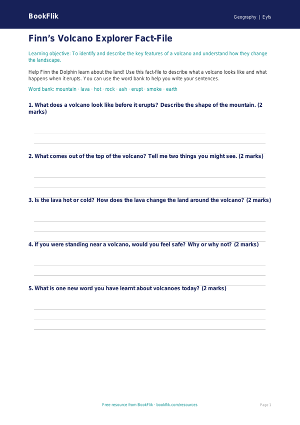 Free Volcanoes Template | Eyfs Core | BookFlik worksheet preview — Geography Volcanoes