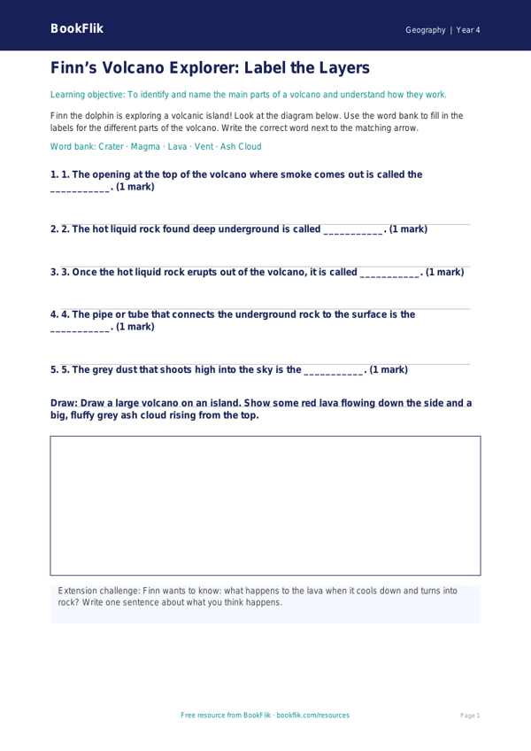 Free Volcanoes Activity Sheet | Year 4 Supported | BookFlik worksheet preview — Geography Volcanoes