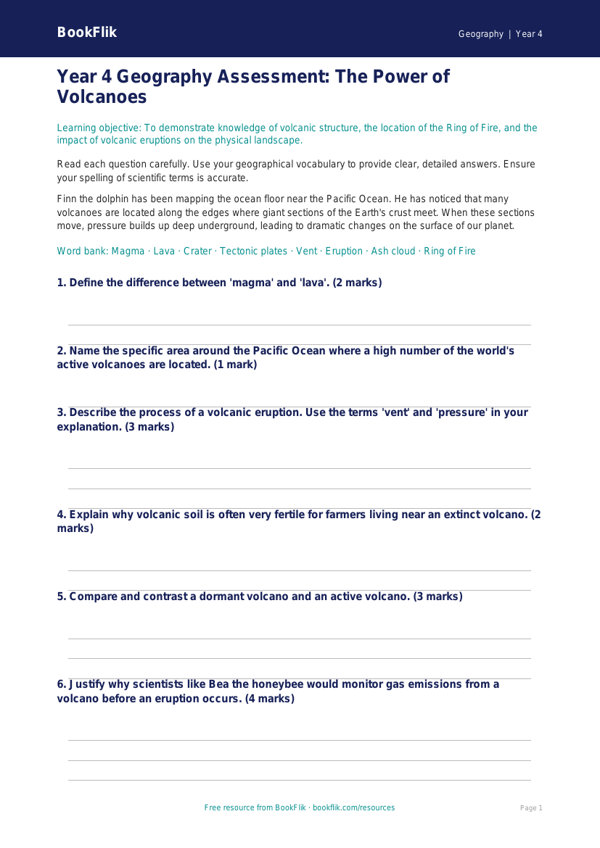 Free Volcanoes Assessment | Year 4 Greater Depth | BookFlik worksheet preview — Geography Volcanoes