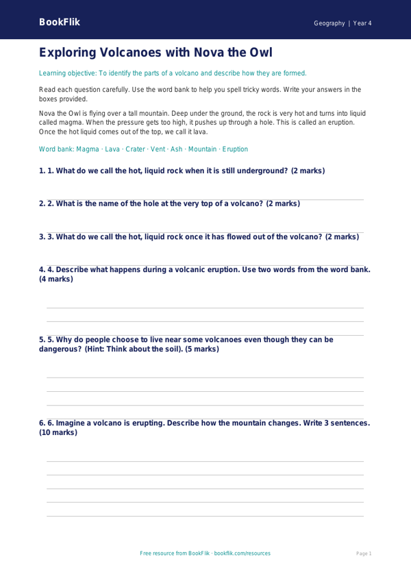 Free Volcanoes Assessment | Year 4 Supported | BookFlik worksheet preview — Geography Volcanoes
