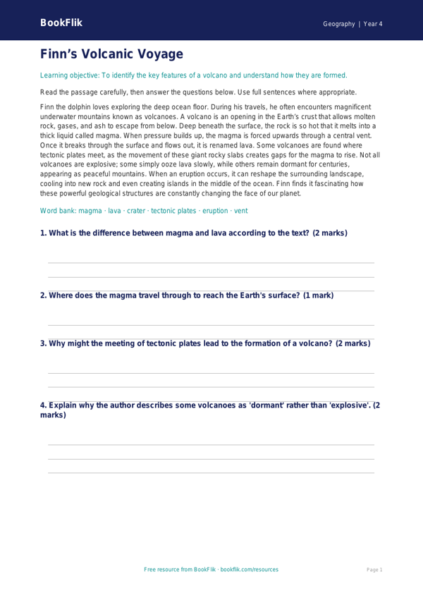 Free Volcanoes Comprehension | Year 4 Greater Depth | BookFlik worksheet preview — Geography Volcanoes