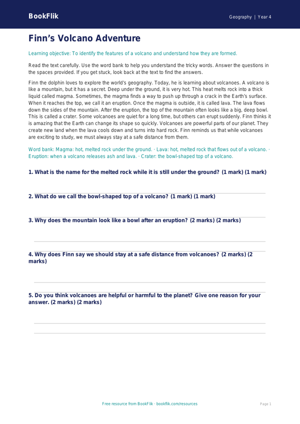 Free Volcanoes Comprehension | Year 4 Supported | BookFlik worksheet preview — Geography Volcanoes