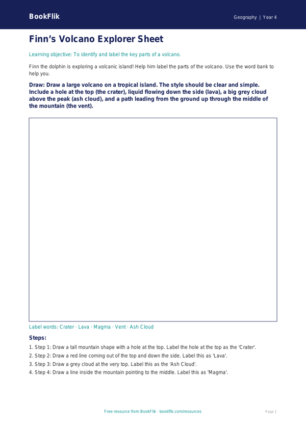 Free Volcanoes Drawing Sheet | Year 4 Supported | BookFlik worksheet preview — Geography Volcanoes