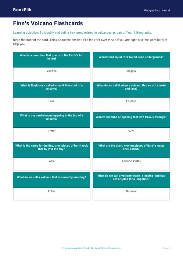 Free Volcanoes Flashcards | Year 4 Geography | BookFlik worksheet preview — Geography Volcanoes