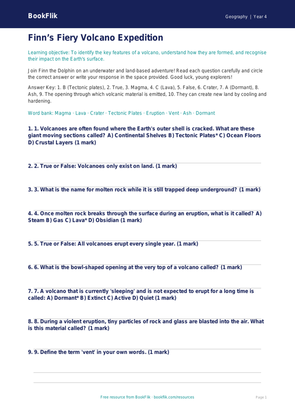 Free Volcanoes Quiz | Year 4 Greater Depth | BookFlik worksheet preview — Geography Volcanoes