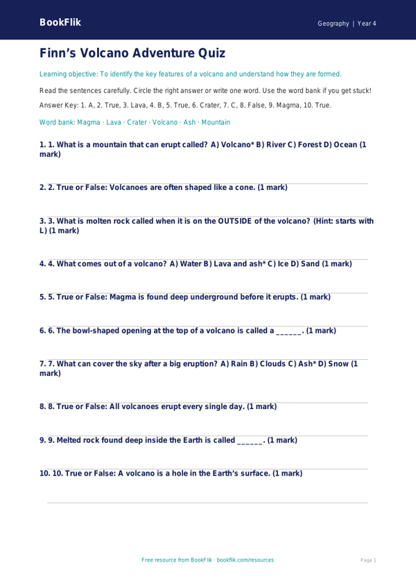 Free Volcanoes Quiz | Year 4 Supported | BookFlik worksheet preview — Geography Volcanoes