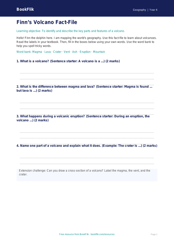Free Volcanoes Template | Year 4 Supported | BookFlik worksheet preview — Geography Volcanoes