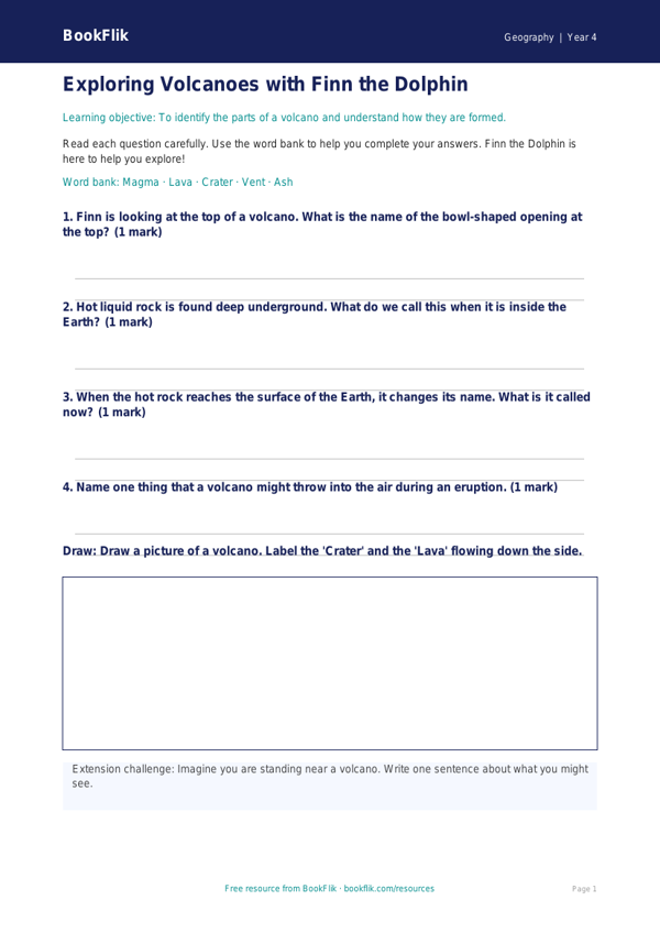Free Volcanoes Worksheet | Year 4 Supported | BookFlik worksheet preview — Geography Volcanoes