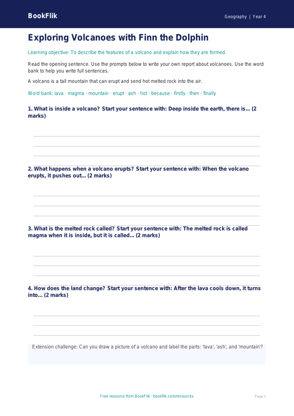 Free Volcanoes Writing Frame | Year 4 Supported | BookFlik worksheet preview — Geography Volcanoes