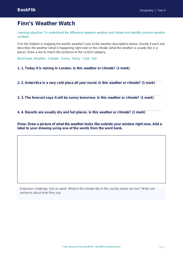 Free Weather And Climate Activity Sheet | Year 4 Supported | BookFlik worksheet preview — Geography Weather And Climate