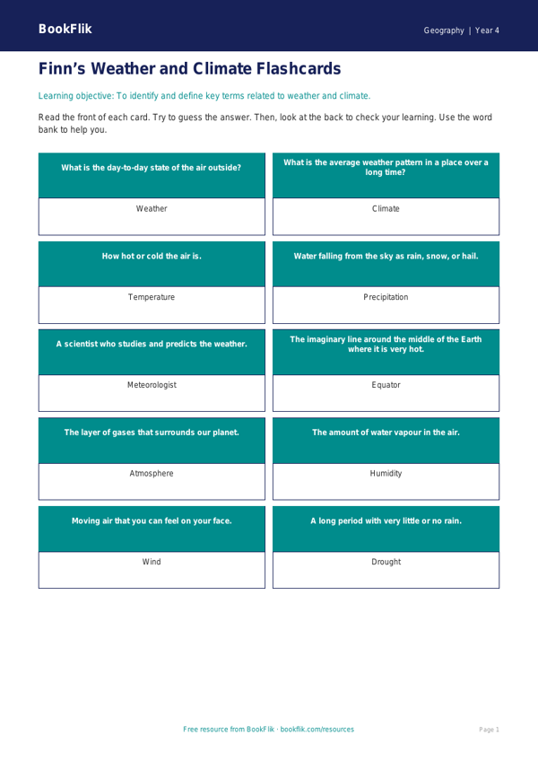 Free Weather And Climate Flashcards | Year 4 Supported | BookFlik worksheet preview — Geography Weather And Climate