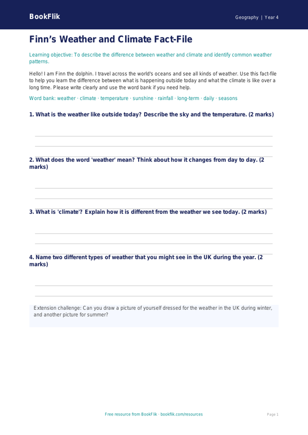 Free Weather And Climate Template | Year 4 Supported | BookFlik worksheet preview — Geography Weather And Climate