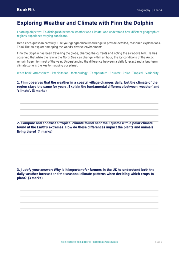 Free Weather And Climate Worksheet | Year 4 Greater Depth | BookFlik worksheet preview — Geography Weather And Climate