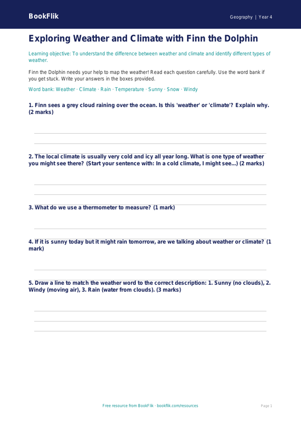 Free Weather And Climate Worksheet | Year 4 Supported | BookFlik worksheet preview — Geography Weather And Climate