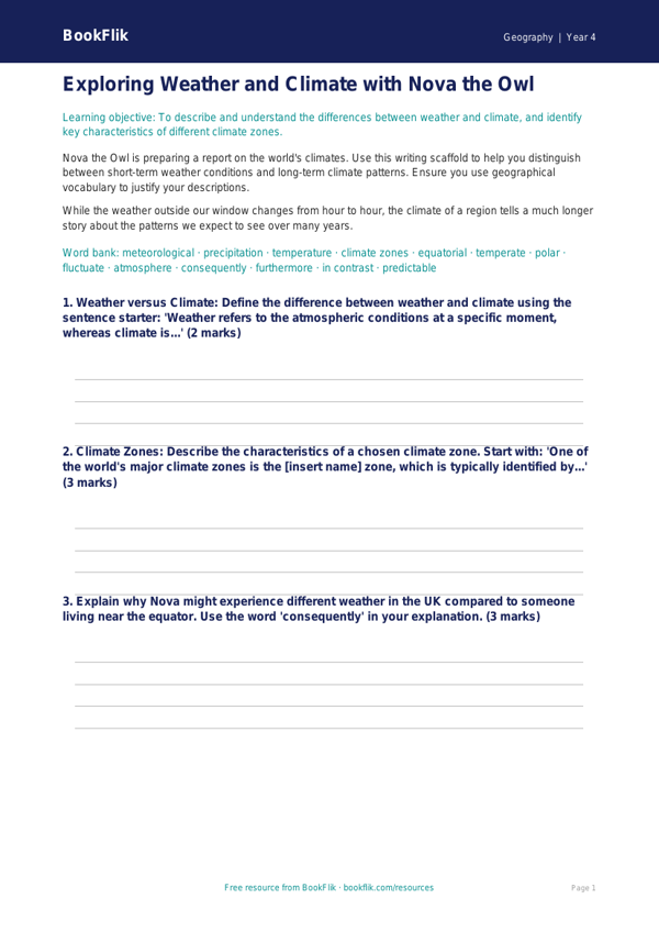 Free Weather And Climate Writing Frame | Year 4 Greater Depth | BookFlik worksheet preview — Geography Weather And Climate