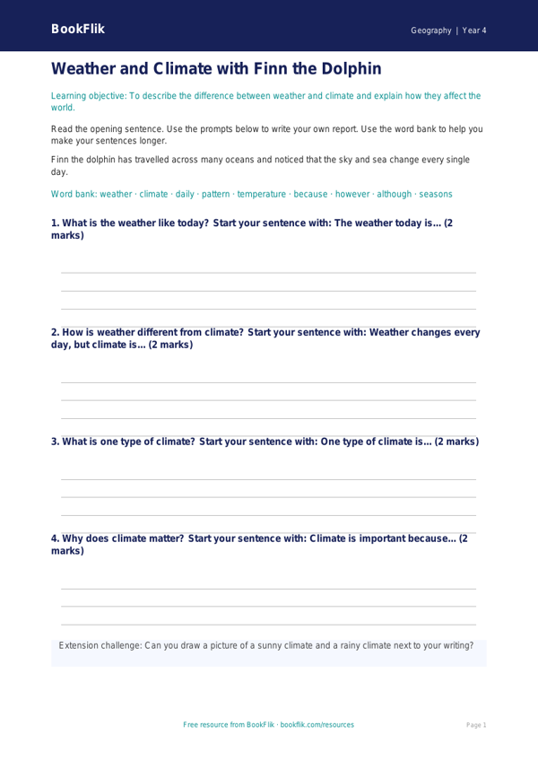 Free Weather And Climate Writing Frame | Year 4 Supported | BookFlik worksheet preview — Geography Weather And Climate