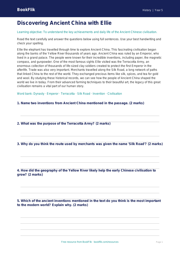Free Ancient China Comprehension | Year 5 Core | BookFlik worksheet preview — History Ancient China