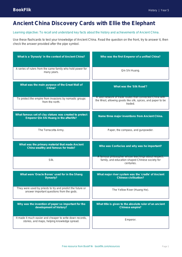 Free Ancient China Flashcards | Year 5 Core | BookFlik worksheet preview — History Ancient China