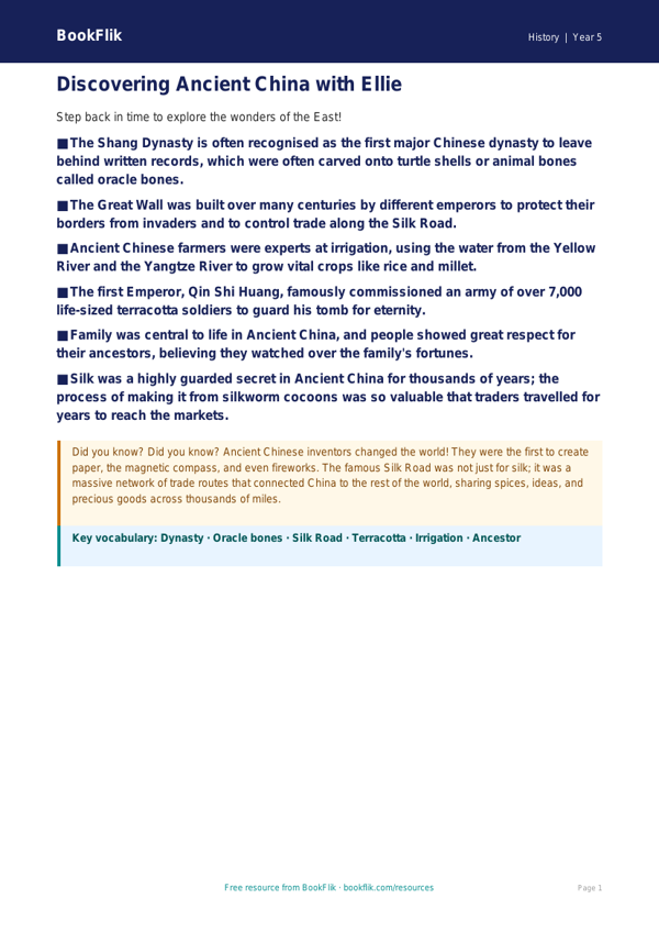 Free Ancient China Poster | Year 5 Core | BookFlik worksheet preview — History Ancient China