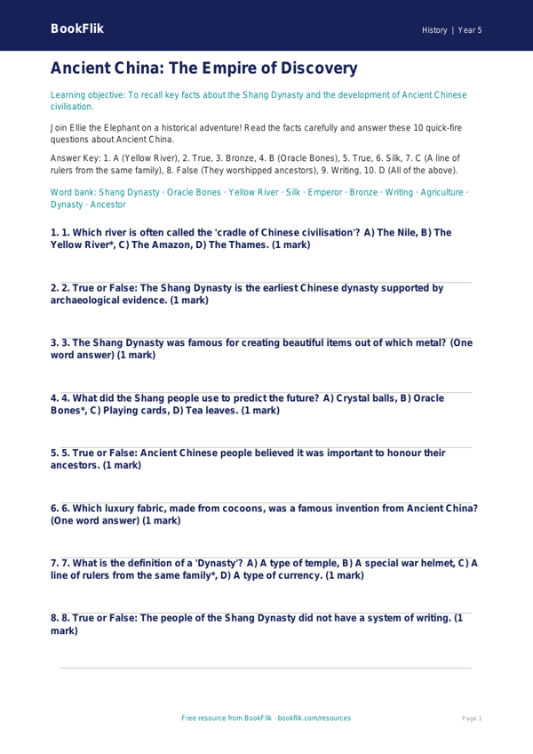 Free Ancient China Quiz | Year 5 Core | BookFlik worksheet preview — History Ancient China