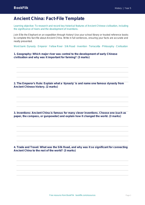 Free Ancient China Template | Year 5 Core | BookFlik worksheet preview — History Ancient China