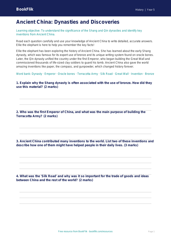 Free Ancient China Worksheet | Year 5 Core | BookFlik worksheet preview — History Ancient China