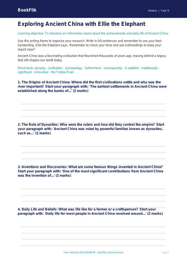 Free Ancient China Writing Frame | Year 5 Core | BookFlik worksheet preview — History Ancient China