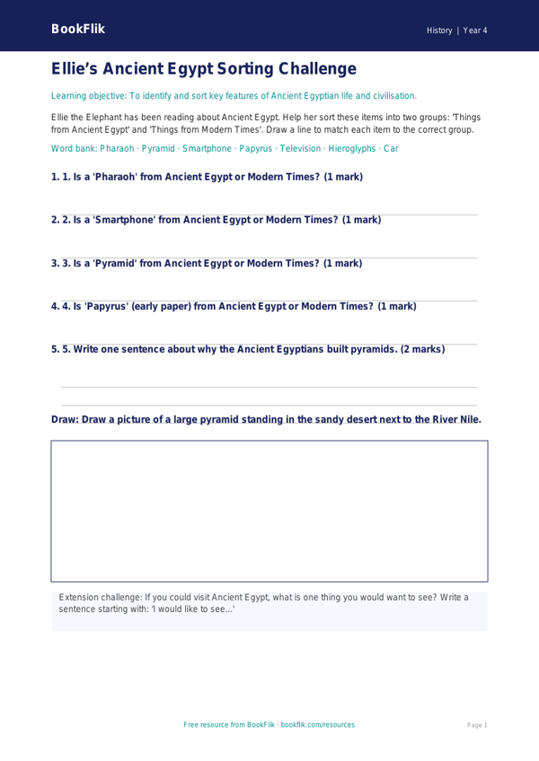 Free Ancient Egypt Activity Sheet | Year 4 Supported | BookFlik worksheet preview — History Ancient Egypt