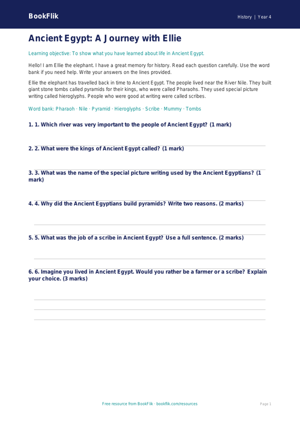 Free Ancient Egypt Assessment | Year 4 Supported | BookFlik worksheet preview — History Ancient Egypt