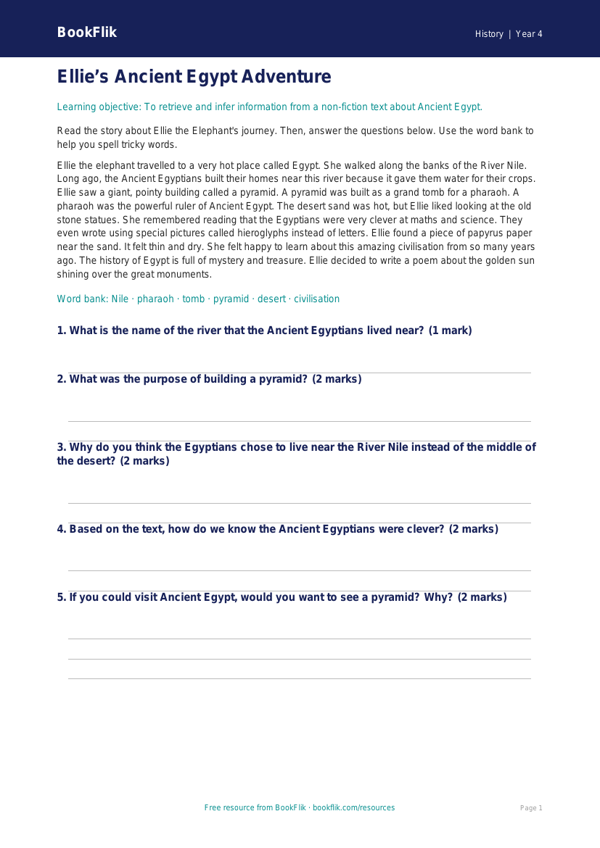 Free Ancient Egypt Comprehension | Year 4 Supported | BookFlik worksheet preview — History Ancient Egypt