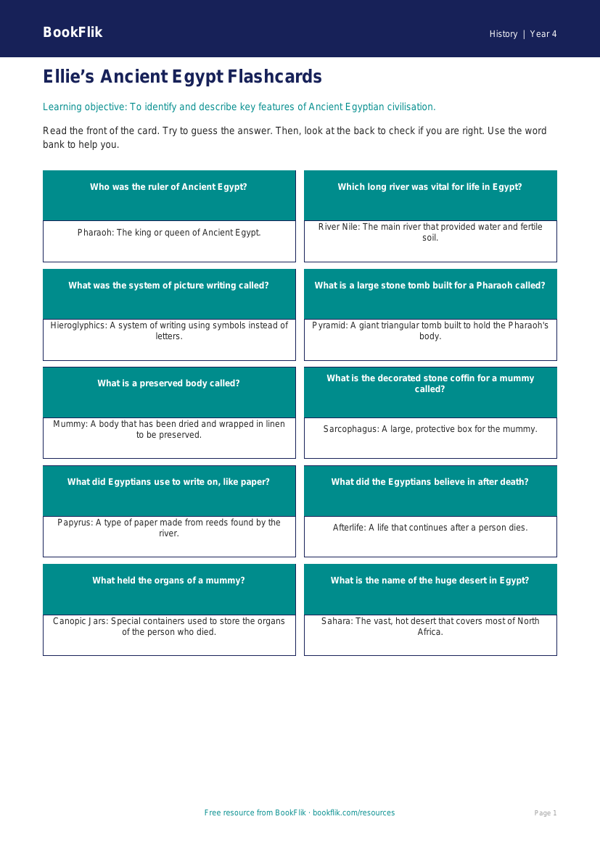 Free Ancient Egypt Flashcards | Year 4 Supported | BookFlik worksheet preview — History Ancient Egypt