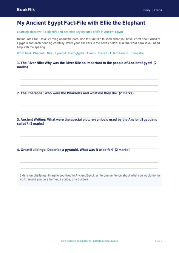 Free Ancient Egypt Template | Year 4 Supported | BookFlik worksheet preview — History Ancient Egypt